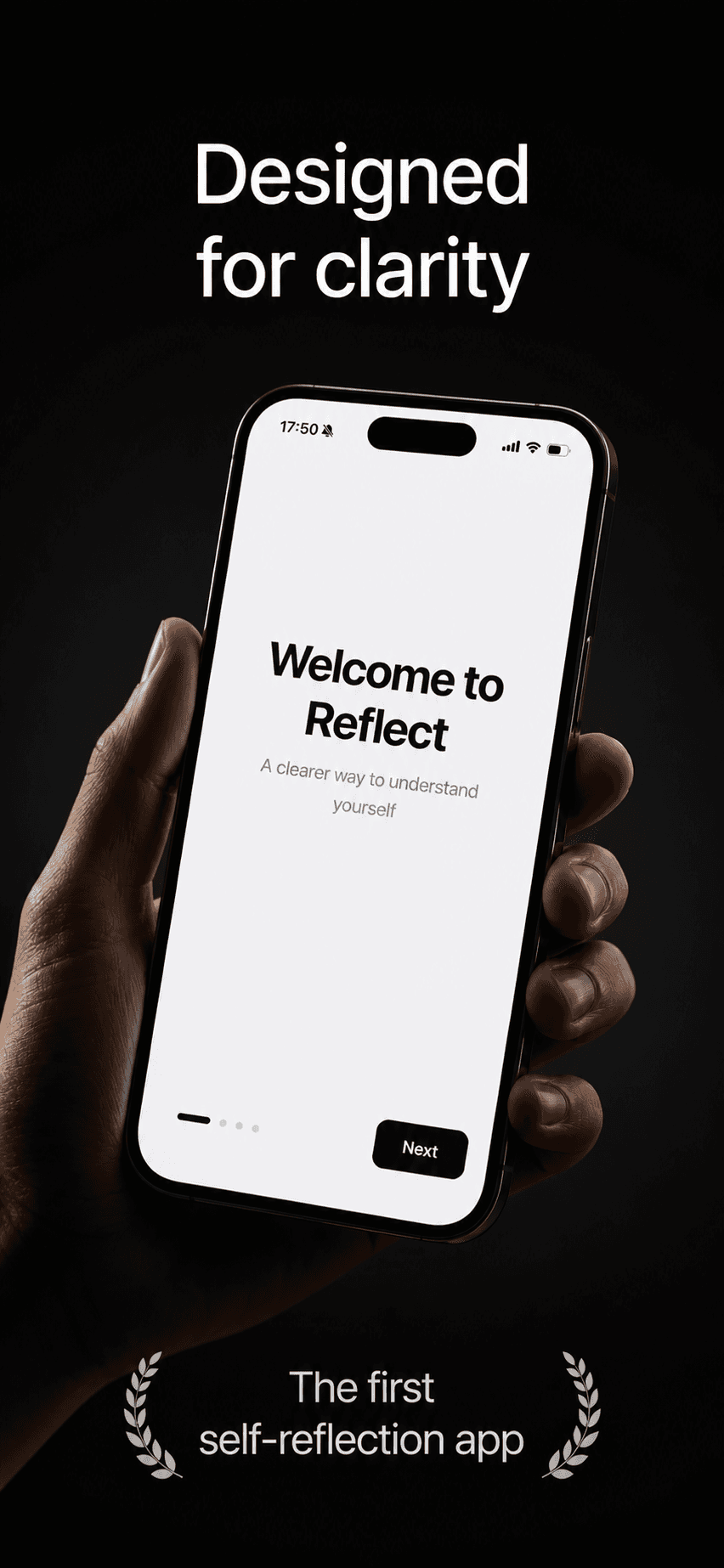 Reflect app held in hand with Designed for clarity headline
