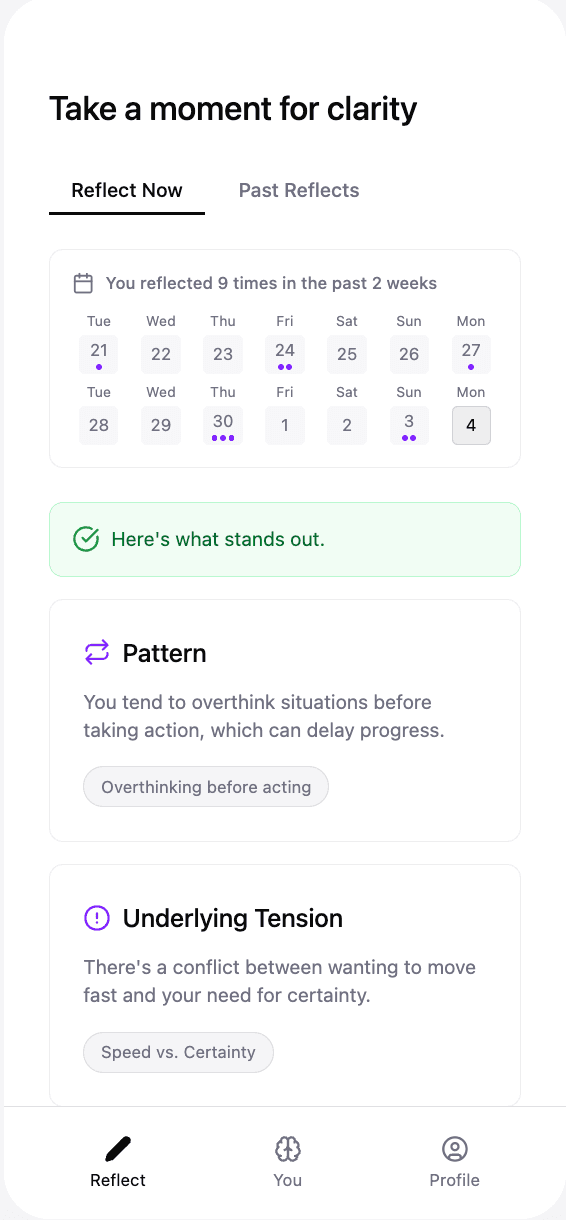 Reflect app screen showing structured insight