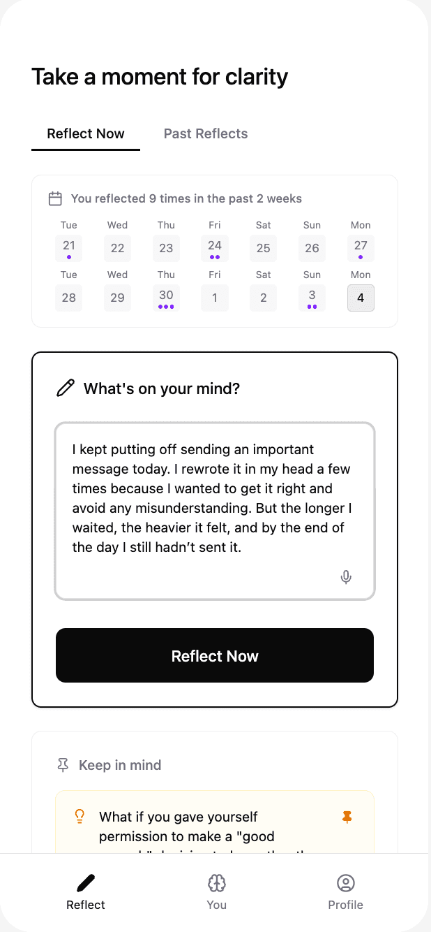 Reflect app screen for writing about a moment