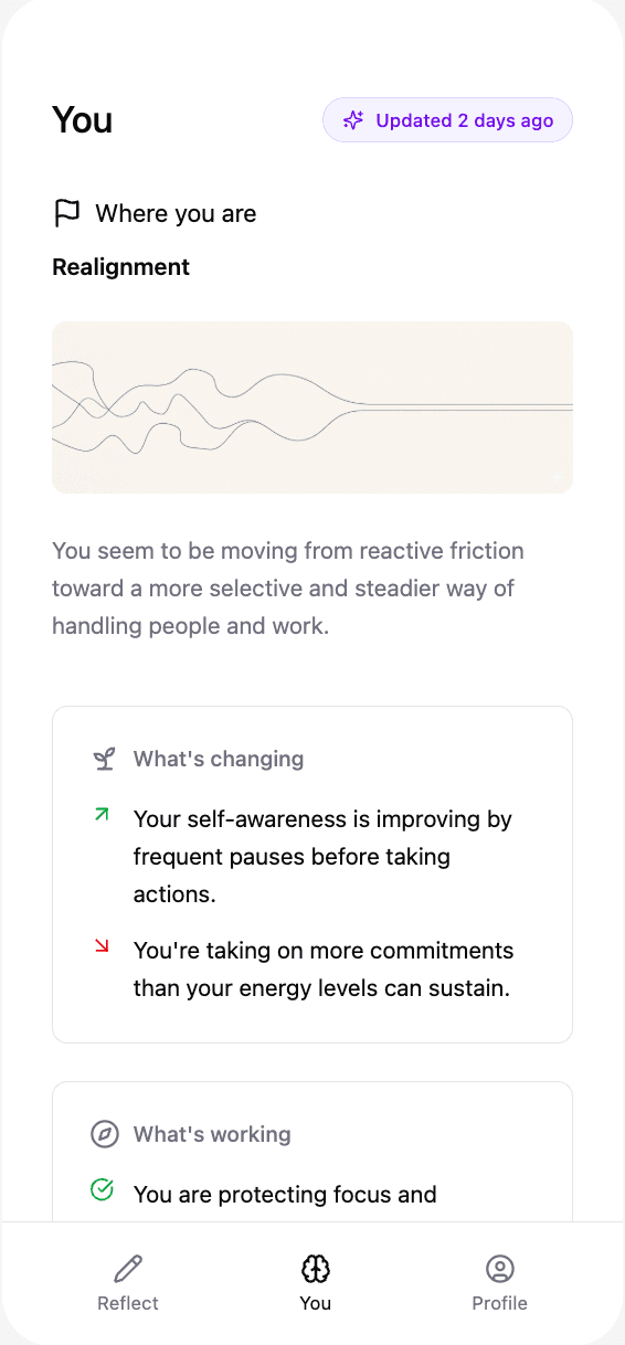 Reflect app screen showing longer-term personal patterns