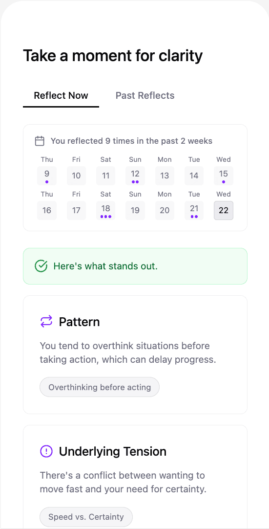 Reflect app screen for writing and receiving insight